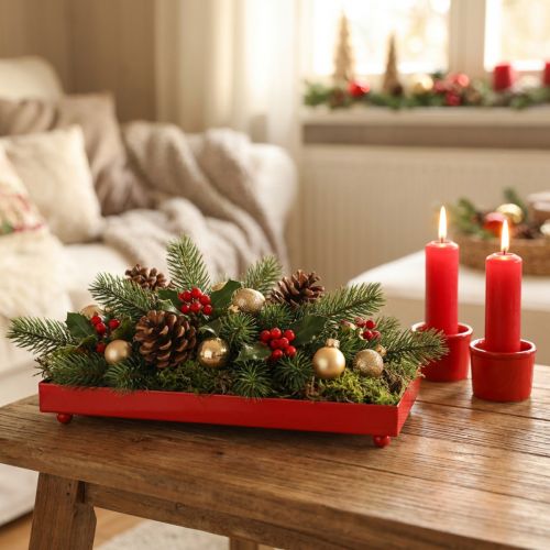 Plateau décoratif rectangulaire en métal rouge avec pieds 30×15cm | Floristik24.be