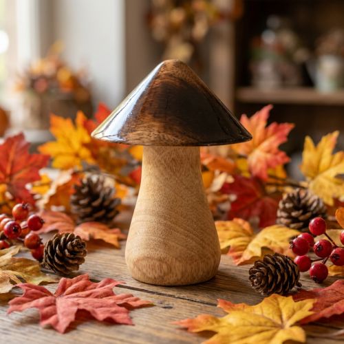 Champignon décoratif champignon en bois effet brillant marron naturel Ø7,5cm H10cm | Floristik24.be