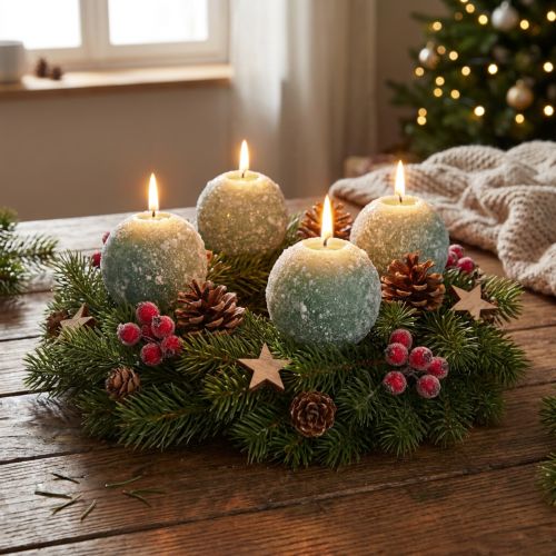 Lot de 4 bougies boules vertes de 8 cm, à paillettes, en forme de boule de neige, pour la décoration de Noël et l'Avent. | Floristik24.be