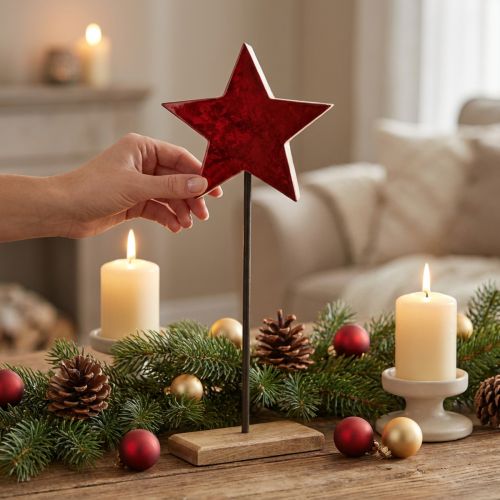 Décoration étoile rouge naturel avec tige sur socle 20x9,5x50cm | Floristik24.be