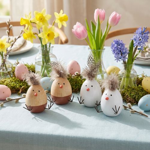 Poussin de Pâques Poussin Oeuf de Pâques Plumes Blanc Naturel H9cm 4 pcs | Floristik24.be