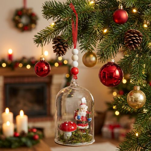 Article Cloche en verre décorative à suspendre - Père Noël et champignon - 10 cm