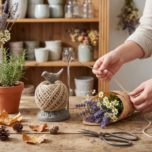 Porte-bobine vintage en métal avec oiseau et fil de jute H17cm | Floristik24.be