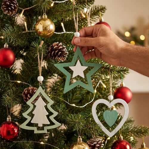 Décorations de Noël en Bois Vert et Blanc, Lot de 9, 10 cm | Floristik24.be