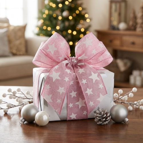Ruban de Noël bord fil étoile blanche rose L25mm L15m | Floristik24.be