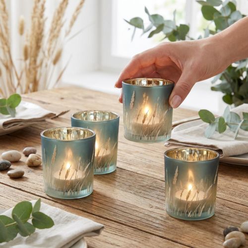 Lanterne décorative en verre avec motif d'herbe pour une ambiance chaleureuse, bleue, 8 cm, lot de 4. | Floristik24.be