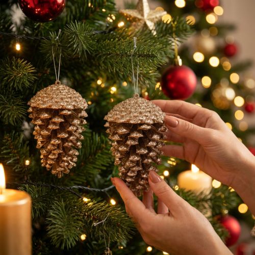 Pommes de pin dorées à paillettes, 13 cm, lot de 4, décorations pour sapin de Noël | Floristik24.be
