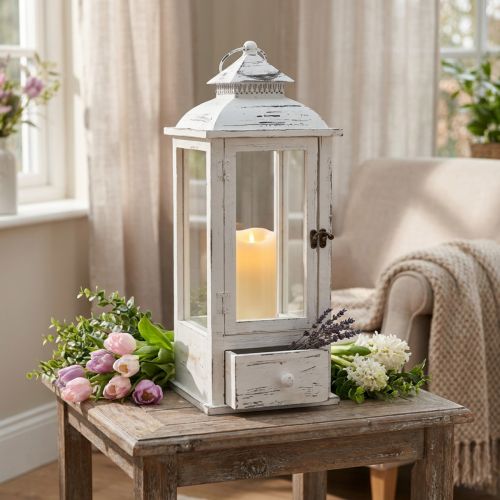 Lanterne décorative vintage avec tiroir blanc 20×20cm H51cm | Floristik24.be