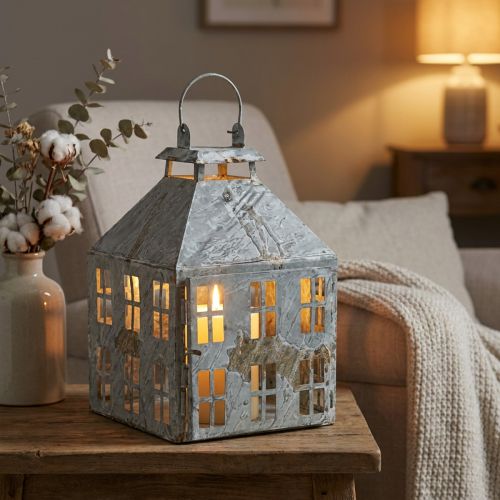 Lanterne décorative vintage métal maison lumineuse blanc rouille H35cm | Floristik24.be