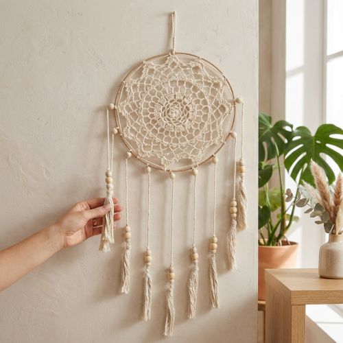 Attrape-rêves mural en macramé, décoration bohème chic, fait main, couleur crème, Ø 22 cm, H 54 cm | Floristik24.be