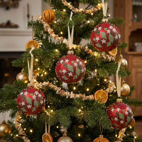 Boules de Noël en verre rouge Boules de sapin de Noël prairie Ø8cm 6pcs | Floristik24.be