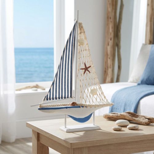 Voilier décoratif en bois coquillages blanc bleu L26,5cm H37cm | Floristik24.be