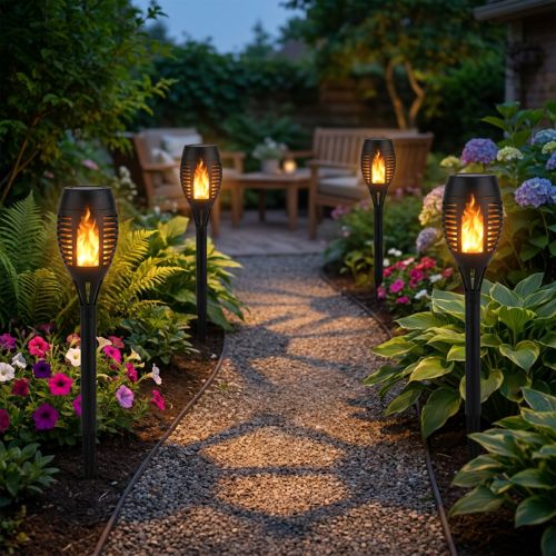 Article Torches solaires LED pour jardin, effet flamme, balcon, H38cm, lot de 4