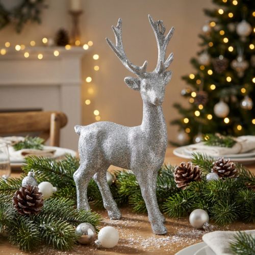 Figurine déco cerf argent pailleté 25cm x 12cm | Floristik24.be