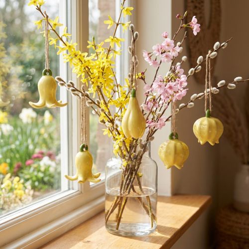 Pendentifs en céramique en forme de fleur, motif floral joyeux, décoration printanière, 9 cm, lot de 6 | Floristik24.be
