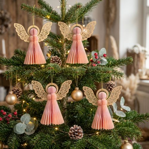 Lot de 4 décorations anges en papier alvéolé 12 cm abricot et doré | Floristik24.be