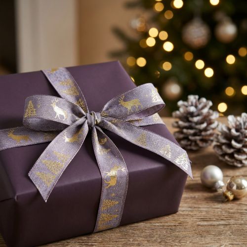 Ruban cadeau lavande or cerf de Noël 25mm 15m | Floristik24.be