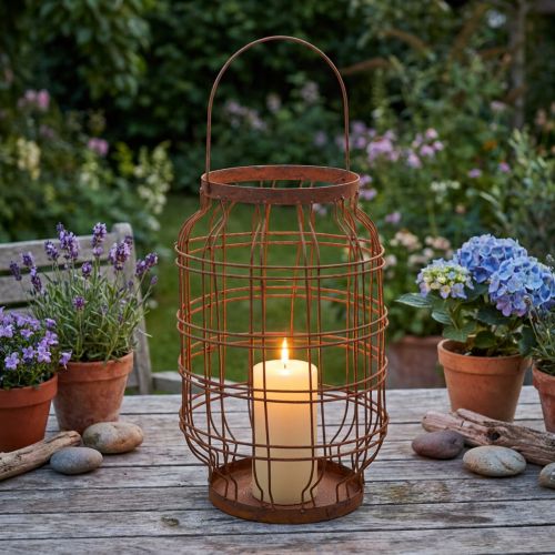Lanterne de jardin, métal, finition rouillée, poignée, style vintage, Ø19,5 cm | Floristik24.be