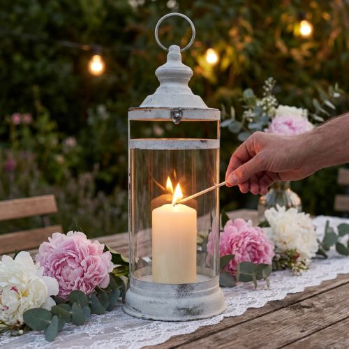 Lanterne Déco Lanterne Shabby Chic Métal Blanc Ø15cm H46cm | Floristik24.be