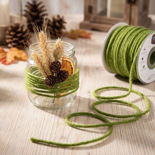 Article Mèche en laine, cordon feutré vert mousse, 3 mm, 100 m