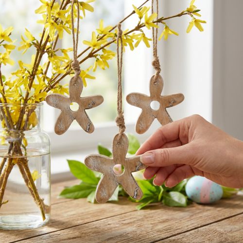 Fleur en bois avec motif, printemps, pendentif en bois nature, blanc H10cm 6pcs | Floristik24.be