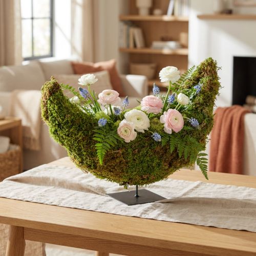 Pot décoratif en mousse, en forme de croissant avec base en métal, décoration naturelle pour le salon et les fêtes, 40 × 15 × 30 cm | Floristik24.be
