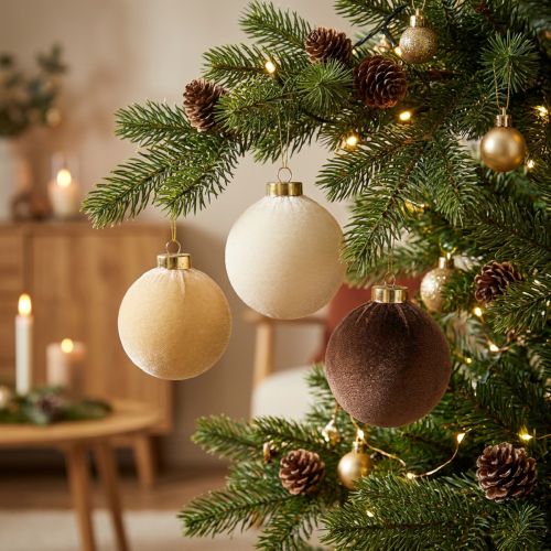 Article Boules de Noël, aspect velours, mélange de couleurs chaudes, 8 cm, lot de 12