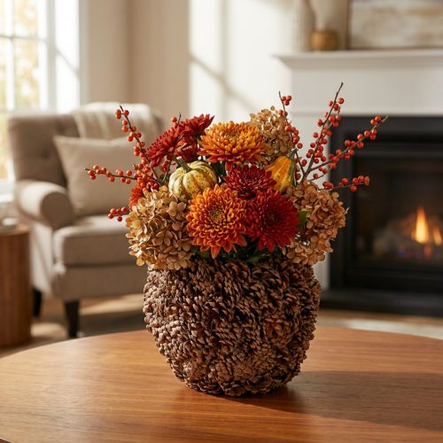Article Jardinière décorative avec pommes de pin, aspect naturel, 27 cm. Pot rond en pommes de pin, brun naturel, fabriqué à partir de pommes de pin, 27 cm x 22 cm.