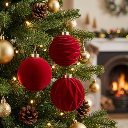 Article Boule de Noël, surface veloutée, rouge, 8 cm, lot de 12