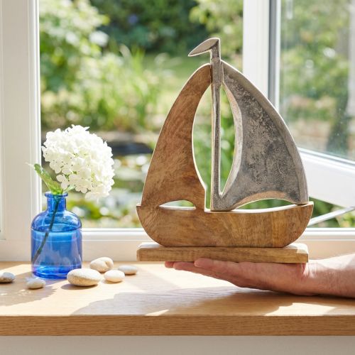 Décoration voilier argent naturel bois de manguier 25,5x4x28,5cm | Floristik24.be