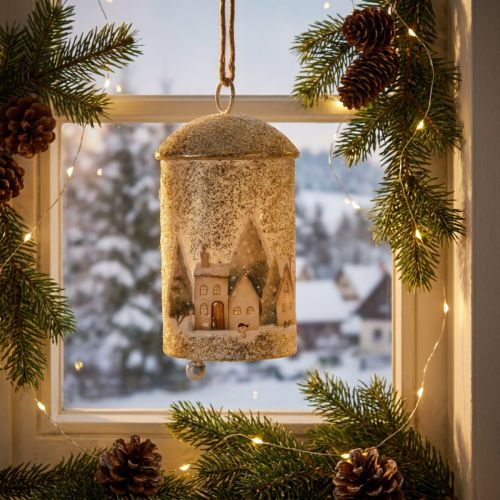 Article Cloche à suspendre ornée d'un motif de village d'hiver, 20 cm