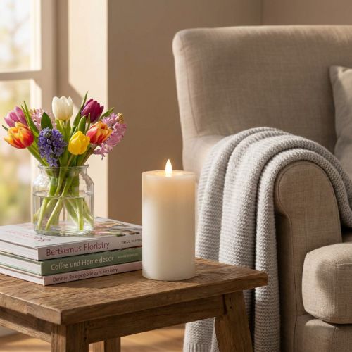 Bougie pilier LED en cire véritable blanche avec fonction minuterie, blanc chaud, 15 cm | Floristik24.be