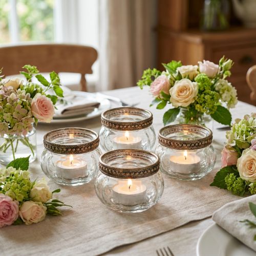 Article Porte-bougies chauffe-plat en verre avec bordure décorative en métal, 6 cm, lot de 4