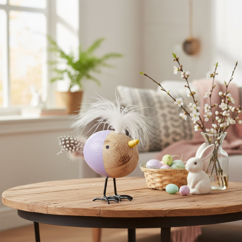 Article Oiseau décoratif en bois avec plumes et corps coloré, pour décoration de table, 10 cm, lot de 6