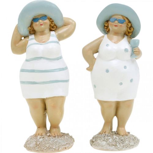 Floristik24 Figurine décorative dames sur la plage, décoration estivale, figurines de bain avec chapeau bleu/blanc H15/15,5cm lot de 2