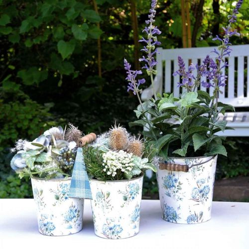 Floristik24 Décoration printanière, seau métal, seau végétal motif fleur, décoration métal H15/11/9.5cm lot de 3