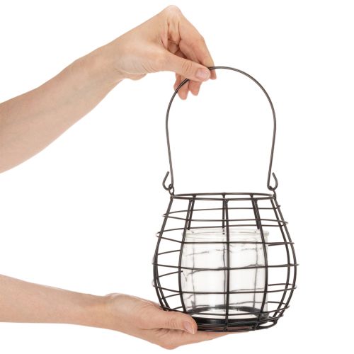 Lanterne de jardin avec poignée, noire, bougeoir en verre, Ø17cm, H15cm | Floristik24.be