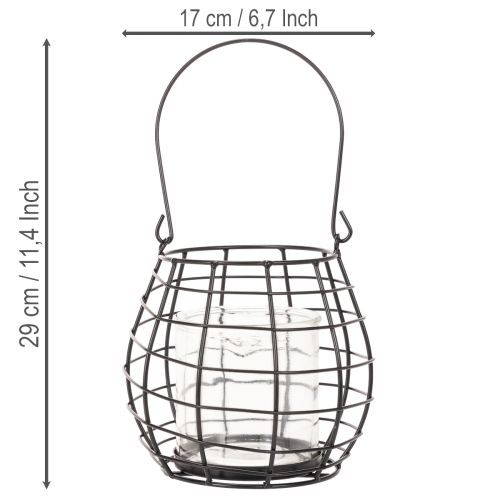 Lanterne de jardin avec poignée, noire, bougeoir en verre, Ø17cm, H15cm | Floristik24.be