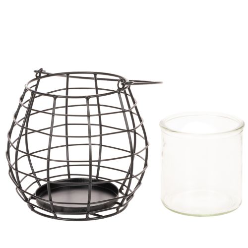 Lanterne de jardin avec poignée, noire, bougeoir en verre, Ø17cm, H15cm | Floristik24.be
