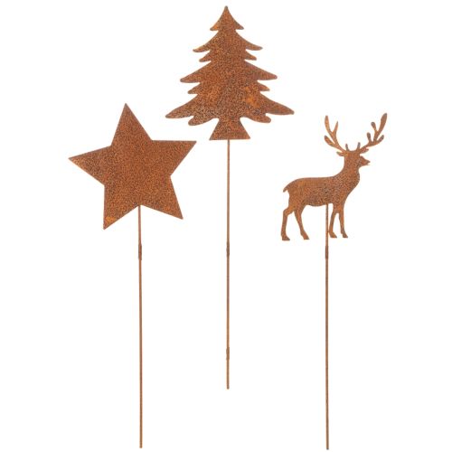 Piquet de jardin, acier patiné, cerf, étoile, sapin, H 10/15 cm, lot de 3 | Floristik24.be