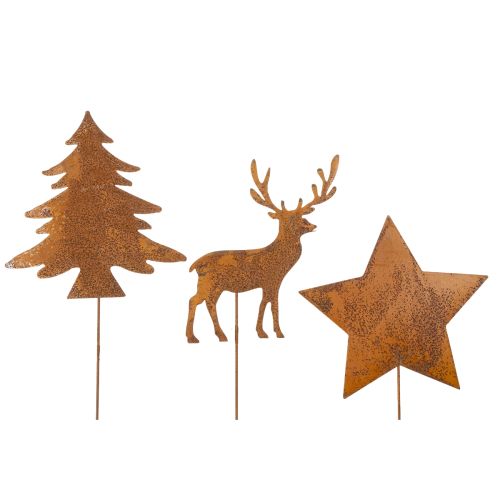 Piquet de jardin, acier patiné, cerf, étoile, sapin, H14/20, 3 pièces