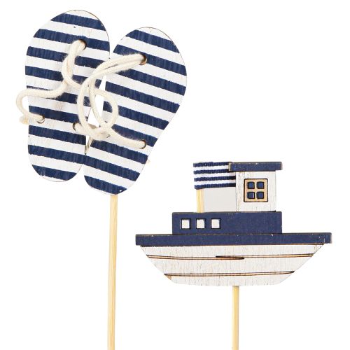 Article Piquet de Jardin Bois Maritime Tongs Bateau Bleu Blanc 8cm 12 pcs