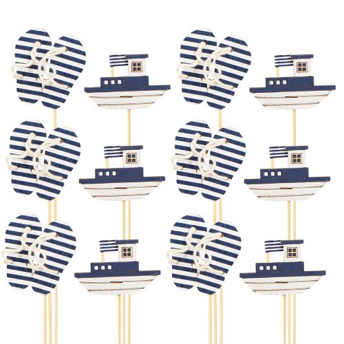 Article Piquet de Jardin Bois Maritime Tongs Bateau Bleu Blanc 8cm 12 pcs