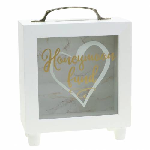 Tirelire de mariage &quot;Honeymoon Fund&quot; en bois avec façade en verre blanc H15m
