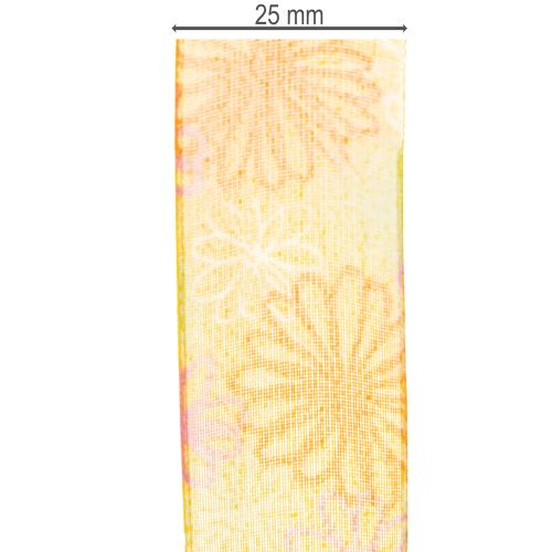 Article Ruban cadeau, ruban d'organza à motif floral, jaune/orange, 25 mm x 18 m