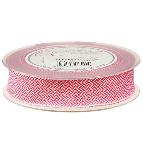 Article Ruban cadeau ruban motif chevrons blanc rose 25mm 15m