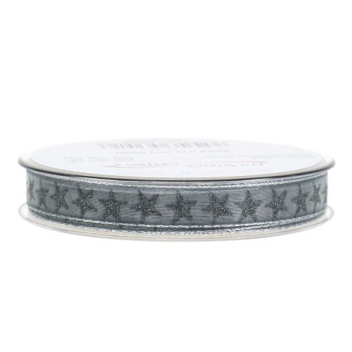 Floristik24 Ruban cadeau avec étoiles gris, argent 15mm 20m
