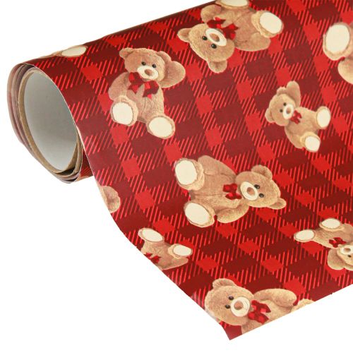 Papier cadeau anniversaire ours en peluche à carreaux rouges 70x200cm