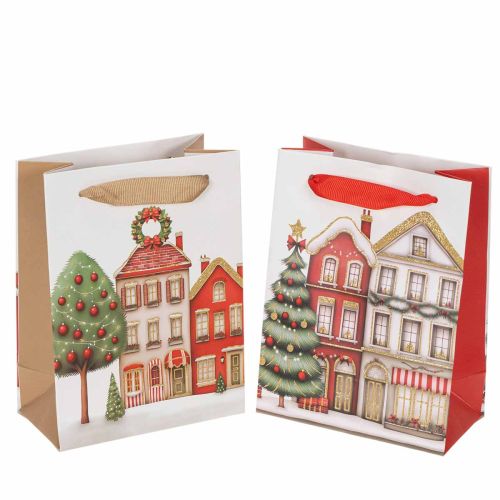 Sac cadeau de Noël avec maisons et sapin de Noël, 16 cm, 2 pièces
