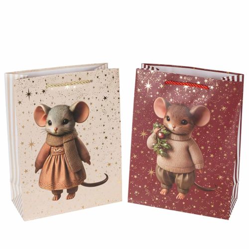 Sac cadeau à motif souris et étoiles pour Noël, 24 cm, lot de 2